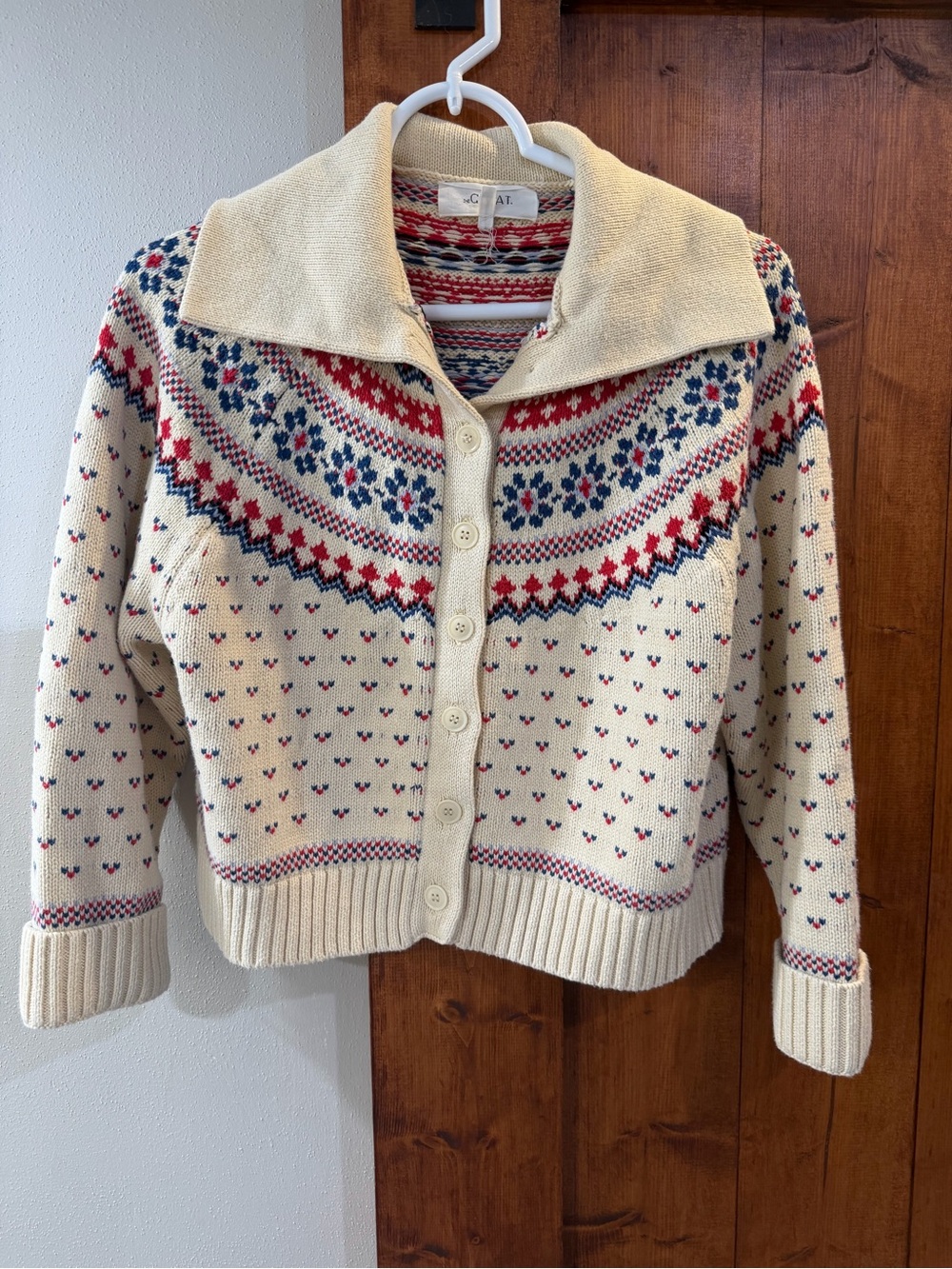 THE GREAT Cream Fair Isle Button-Up Sweater